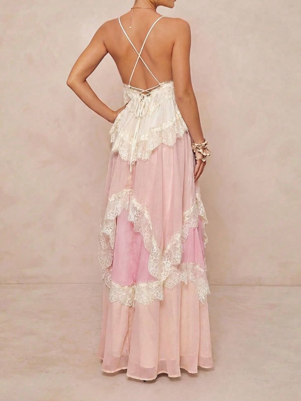 Multicolor Women's Party Contrast Lace Trim Tiered Maxi Dress - Picture 2 of 4